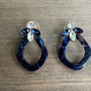 Navy Tortoiseshell Drop Earrings with Blue and Clear Stones